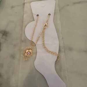 Gold Colored Chain Anklet with Flower Red Evil Eye Charm